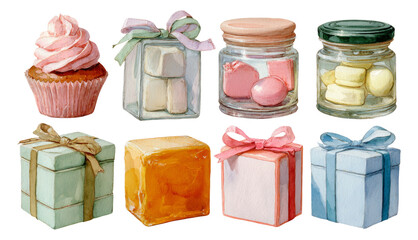 Colorful Collection of Artistic Desserts and Gift Boxes on Transparent Background