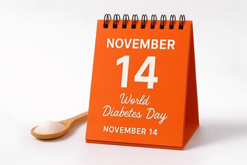 Orange calendar with 14 november date for world diabetes day isolated on white background