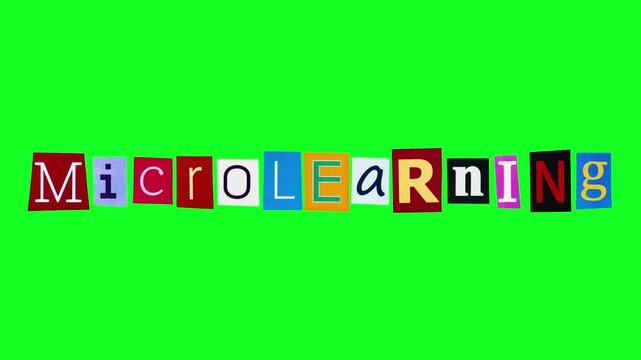 Microlearning word created from rectangle pieces of paper with printed letters which are crumpling in stop motion animation. Isolated title with about short lessons is represented in form of collage