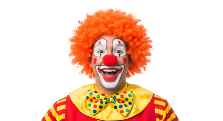 Man dressed as clown with orange wig smiling, isolated on transparent background