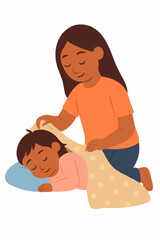 Sister Covering Sibling with Blanket Vector