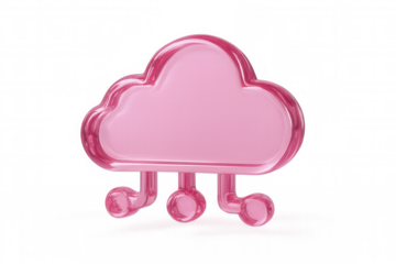 Pink glass cloud infrastructure icon illustrating networking, data storage, and digital information security