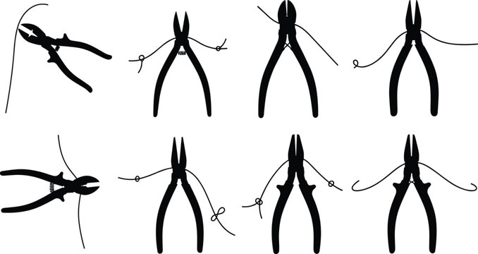 Set of eight plier and wire manipulation silhouettes showing different bending techniques for crafting, jewelry making, and electrical work