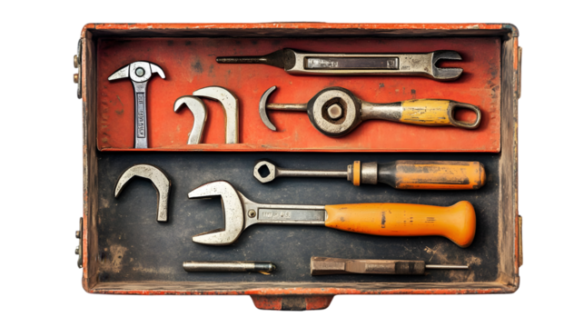 Old toolbox filled with various wrenches and tools isolated on transparent background a vintage collection