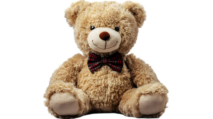 Obraz premium Cute brown teddy bear with a bow tie isolated on transparent background, a cuddly friend for kids
