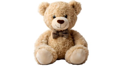 Teddy bear isolated on transparent background, a cuddly companion with a bow tie, perfect for comfort and affection