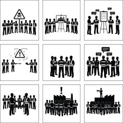 Workplace team icons, industrial meeting illustration, safety discussion vector, factory communication, leadership announcement, group planning, black silhouette, teamwork concept
