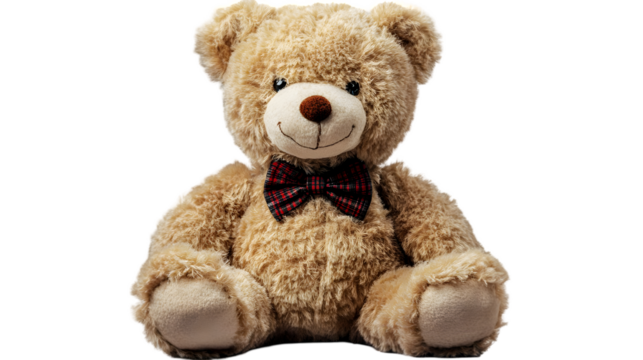 Cute brown teddy bear with a bow tie isolated on transparent background, a cuddly friend for kids