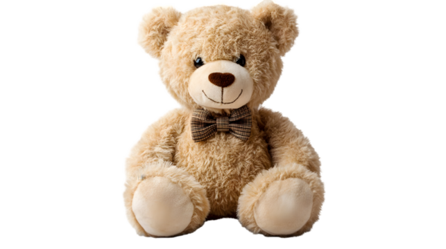 Teddy bear isolated on transparent background, a cuddly companion with a bow tie, perfect for comfort and affection