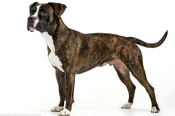 Beautiful brindle Boxer dog standing alert and proud, showcasing elegance and strength, a loyal companion ready for adventure, full body shot, canine friend