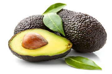 Fresh vibrant avocados, one halved to show its seed, creating a visual feast for healthy eating and lifestyle campaigns with natural deliciousness