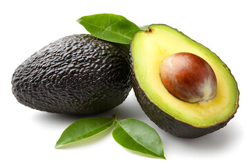 Fresh hass avocados, one cut open to reveal the seed, create a vibrant and healthy food visual for culinary projects and nutrition campaigns