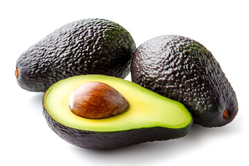Fresh whole and halved avocados with vibrant green flesh and a smooth pit, perfect for healthy eating and delicious guacamole recipes
