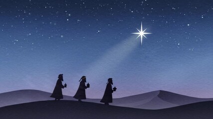 Minimalist animation of Magi walking under starry sky. Concept of faith, nativity, and Christmas story. - Powered by Adobe