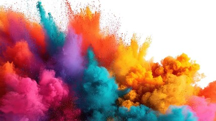 Obraz premium Abstract-Style Colorful Paint Powder Explosion (Isolated on White Background): Aerial Dust Splash + Bright Vibrant Burst, for Posters/Digital Designs/Festival Assets