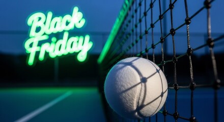 Black Friday sale concept for tennis or sports equipment.  Includes tennis ball, net, neon sign. Great for advertising deals, promotional materials, and social media posts.