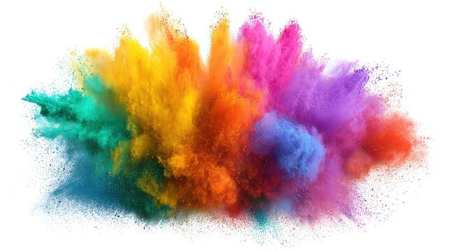 Abstract-Style Colorful Paint Powder Explosion (Isolated on White Background): Aerial Dust Splash + Bright Vibrant Burst, for Posters/Digital Designs/Festival Assets