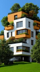 Fototapeta premium Modern Green Building Architectural Design with Orange and White Accents