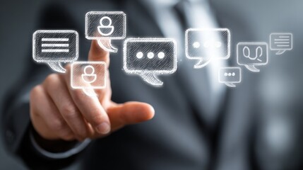 Businessman Touching Communication Bubble, Concept of Social Media Interaction and Technology