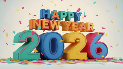 Happy new year 2026 3d celebration with colorful balloons and confetti
