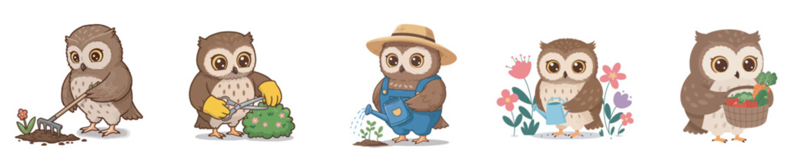 Adorable cartoon owls joyfully engage in various spring gardening activities, tending to plants and flowers with cheerful enthusiasm in a whimsical illustration series