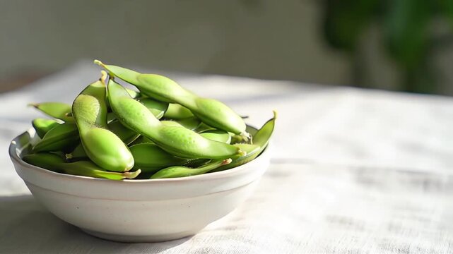Vibrant Green Edamame Pods Served in a Rustic Ceramic Bowl Under Natural Light - A Healthy Delicious and Nutritious Vegan Appetizer or Plant-Based Snack