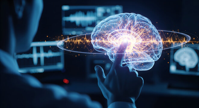 Human Finger Tapping a Holographic Brain Display with Data Analysis.