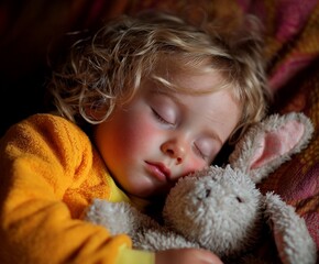 An Adorable Blonde Toddler with Rosy Cheeks Sleeps Soundly While Cuddling a Beloved Stuffed Bunny Rabbit in a Warmly Lit, Cozy Bed