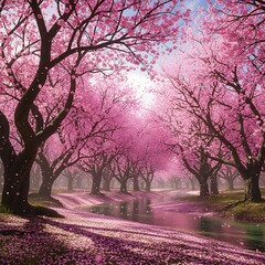 Vibrant pink cherry blossom trees lining a tranquil forest path.