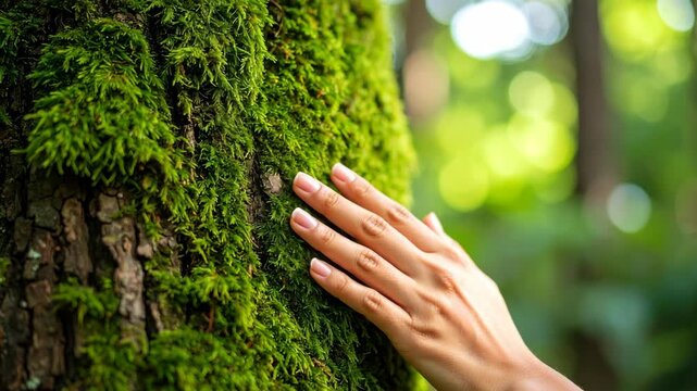 Female hand gently touches moss growing on a tree trunk in a forest clearing with bright green bokeh background.