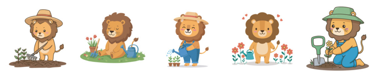 Adorable Lions Gardening A Charming Collection of Illustrations for Your Designs