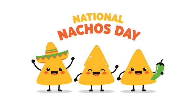 Celebrate National Nachos Day with a Trio of Cheerful, Cartoon Nacho Characters Wearing a Sombrero, Holding a Jalapeno, and Dancing with Joy