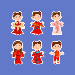 Cute Cartoon Girls in Traditional Chinese Hanfu Dress Stickers Collection