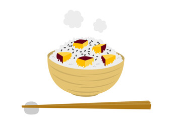 茶碗に盛られたさつま芋ご飯と箸のイラスト
