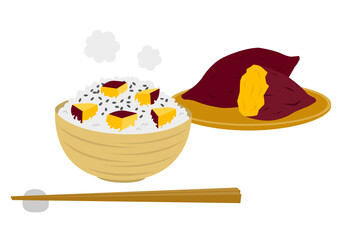 茶碗に盛られたさつま芋ご飯と籠に盛られたさつま芋のイラスト
