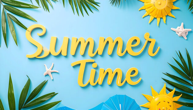 Summer time lettering with palm leaves, stars, and suns for designs related to summer events, travel, and vacation advertising campaigns.
