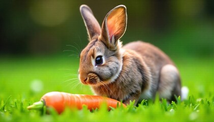 Fluffy rabbit enjoying a fresh carrot, outdoors in a sunny meadow. A fluffy brown rabbit with large ears, its nose twitching, intently nibbling on a bright orange carrot. The rabbit is situated in a