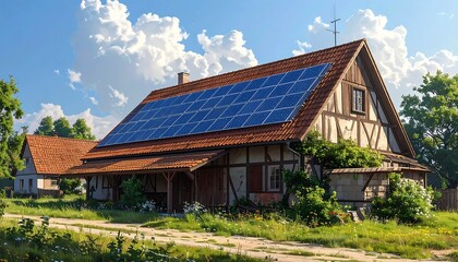 Solar Panels on a Traditional German House - Sustainable Energy.