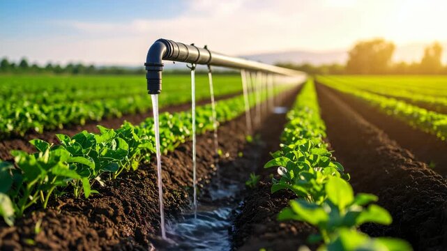 Agricultural irrigation system watering rows of crops in a field at sunset