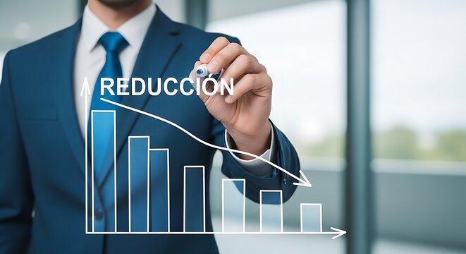 Businessman drawing a reduction chart on glass in a modern office