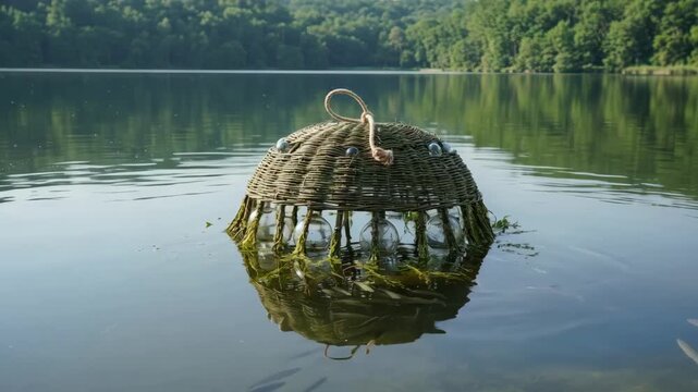 Medium shot of a floating fish attractor gently bobbing on calm water showcasing its ecofriendly design with buoyancy control for easy retrieval.