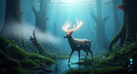 Enchanted forest with a luminous deer, serene atmosphere, and magical bioluminescent elements