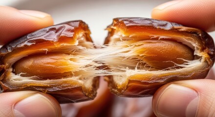 Close-up of a succulent split date fruit revealing its fibrous interior and seed capturing its
