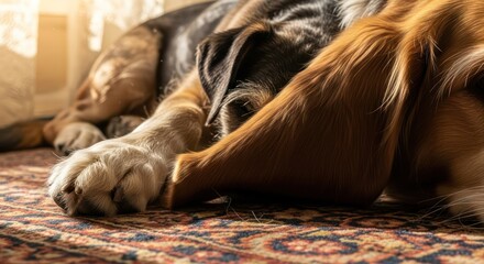 Serene slumber of a hound dog resting on a patterned rug bathed in soft sunlight indoors