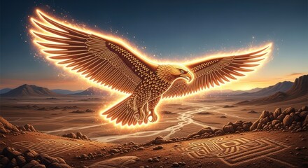 Majestic golden eagle soaring above ancient desert landscapes imbued with glowing light