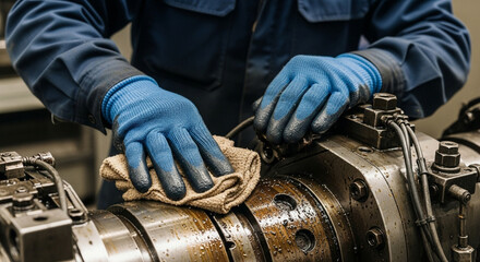 Mechanic cleaning machine with cloth and gloves in factory with blue uniform and dirty hands in workshop