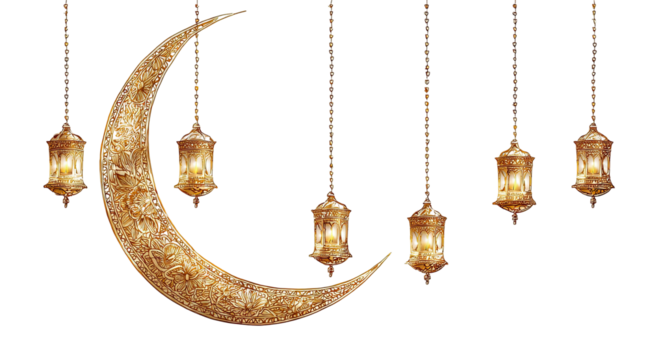 Crescent moon with hanging lanterns