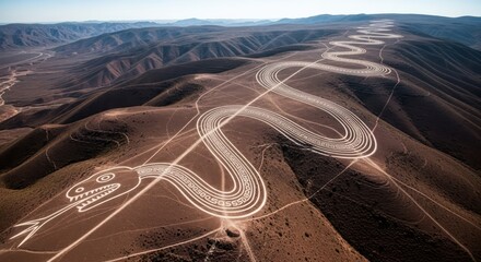 Enigmatic snake geoglyph carved into the arid desert landscape visible from above