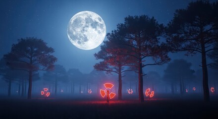 Eerie luminescence radiates, illuminating a solitary figure in a radioactive forest under the