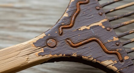 Rustic charm of an old weathered pitchfork highlighting aged wood and corroded metal details
